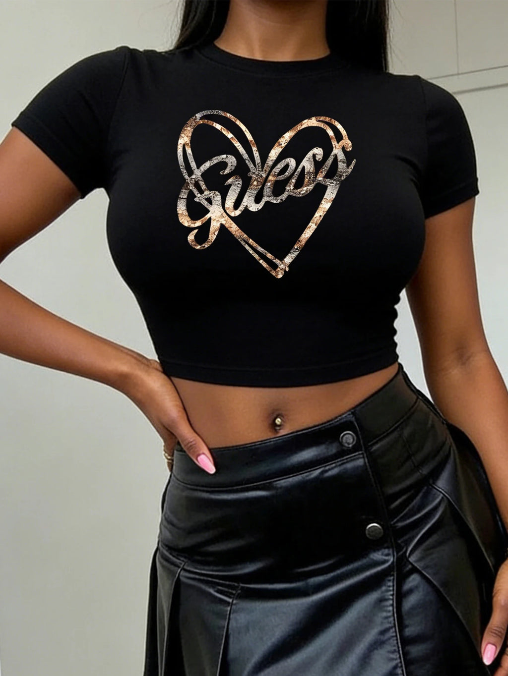 Guess Cool Girl Short Sleeve Heart Retro Print Round Neck T-Shirt,