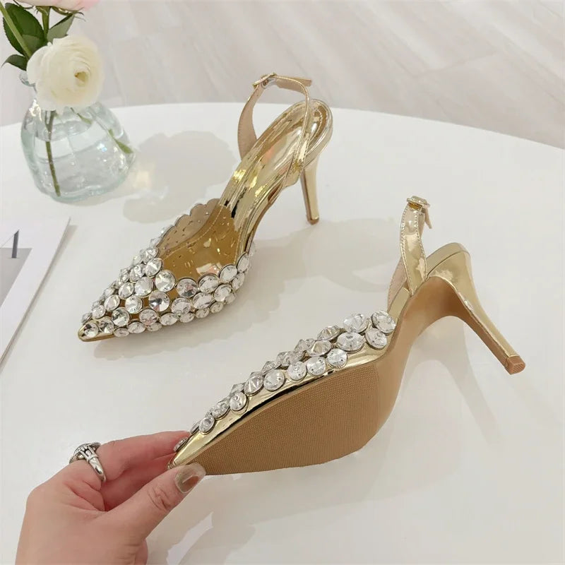 Aneikeh Fashion Stiletto Pumps Summer Silvery Rhinestone