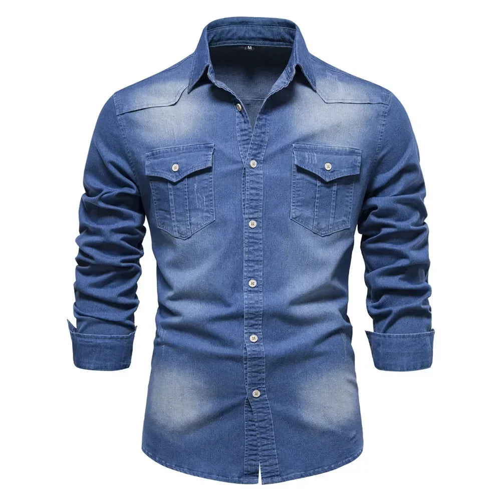 Elastic Cotton Denim Shirt Men Long Sleeve Quality Cowboy Shirts for Men