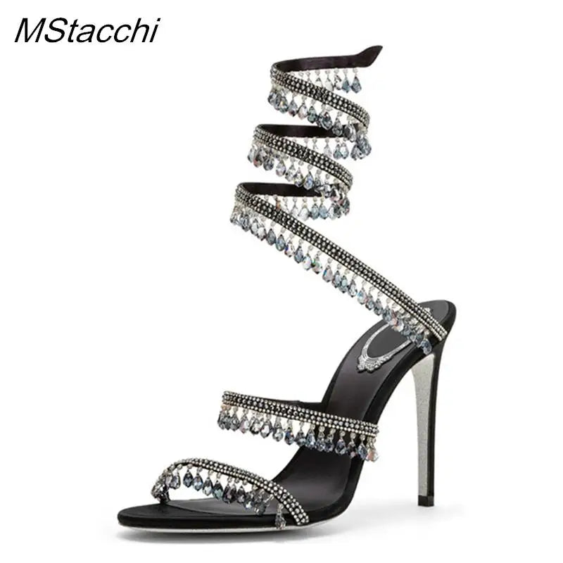 Crystal Wrap Sandals Women Summer 2025 Wedding Shoes High Heel Party Shoes Ankle Strappy Sandals Designer Stiletto Heel Shoes