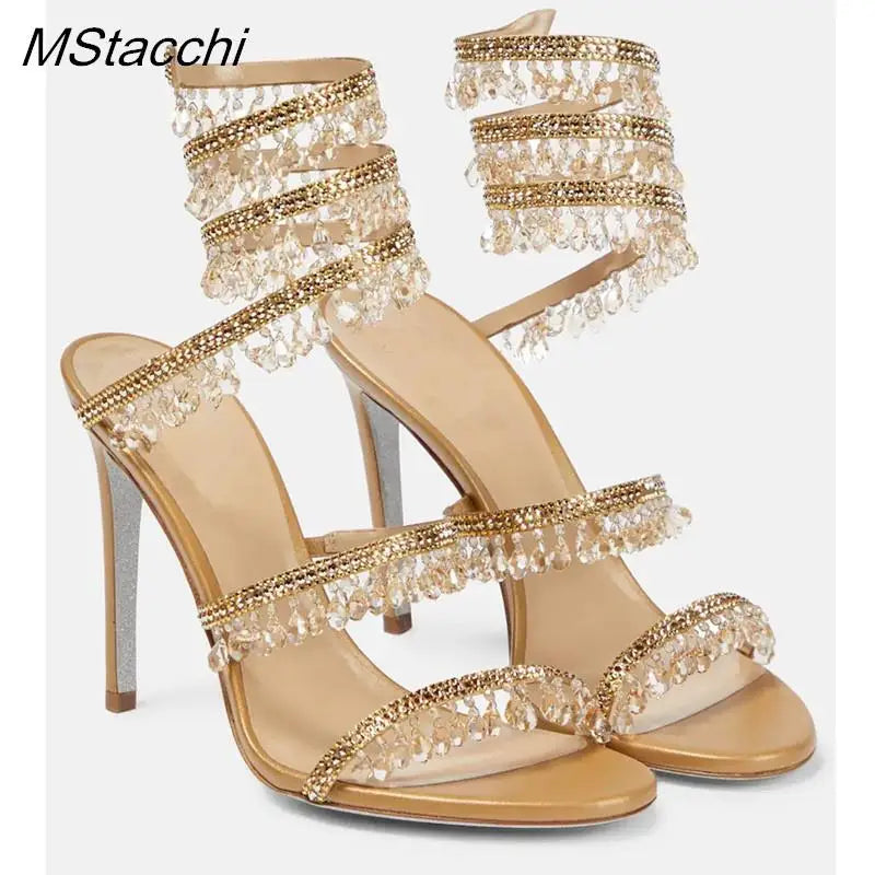Crystal Wrap Sandals Women Summer 2025 Wedding Shoes High Heel Party Shoes Ankle Strappy Sandals Designer Stiletto Heel Shoes