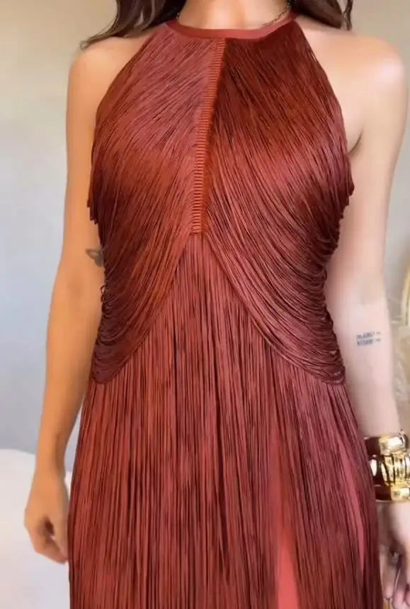 Women Dresses 2026 Spring Summer New Solid Color Temperament Hanging Neck Tassel Design Sleeveless Slim Fit Long Dress