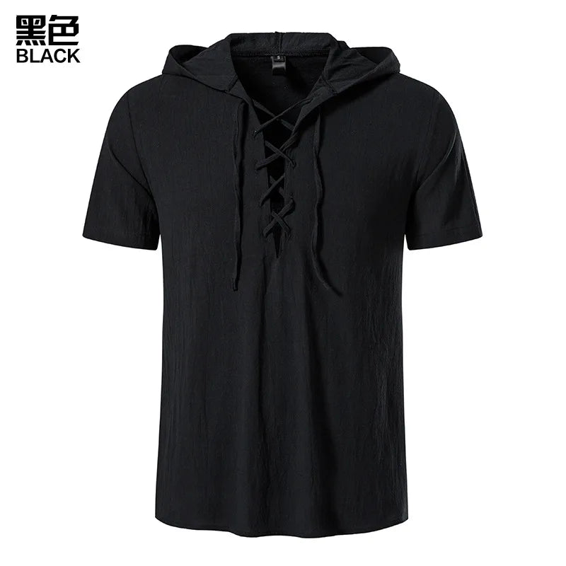 Summer New Men's Cotton Linen Hooded Short Sleeve Shirt Summer Casual