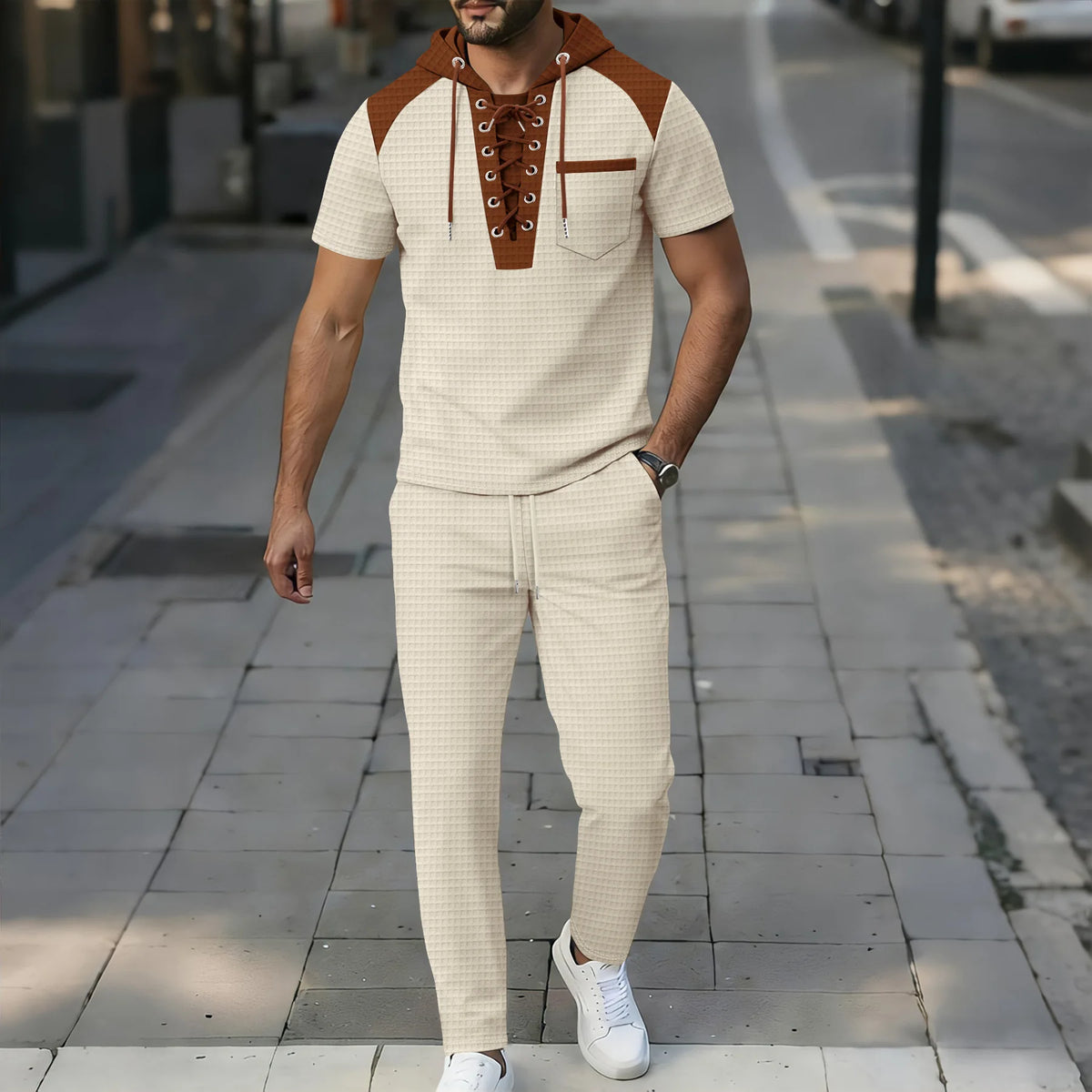 Men's plaid short-sleeved hooded color-block patchwork pullover and belt casual pants set