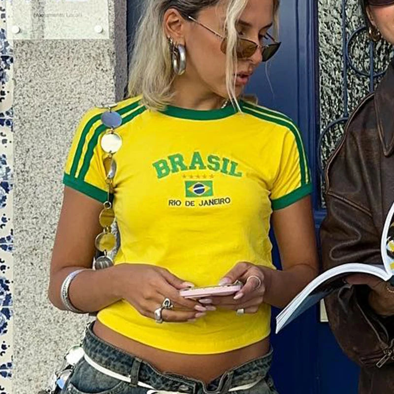 Women Brazil Letter Aesthetic Crop Tops Casual Short Sleeve Tee