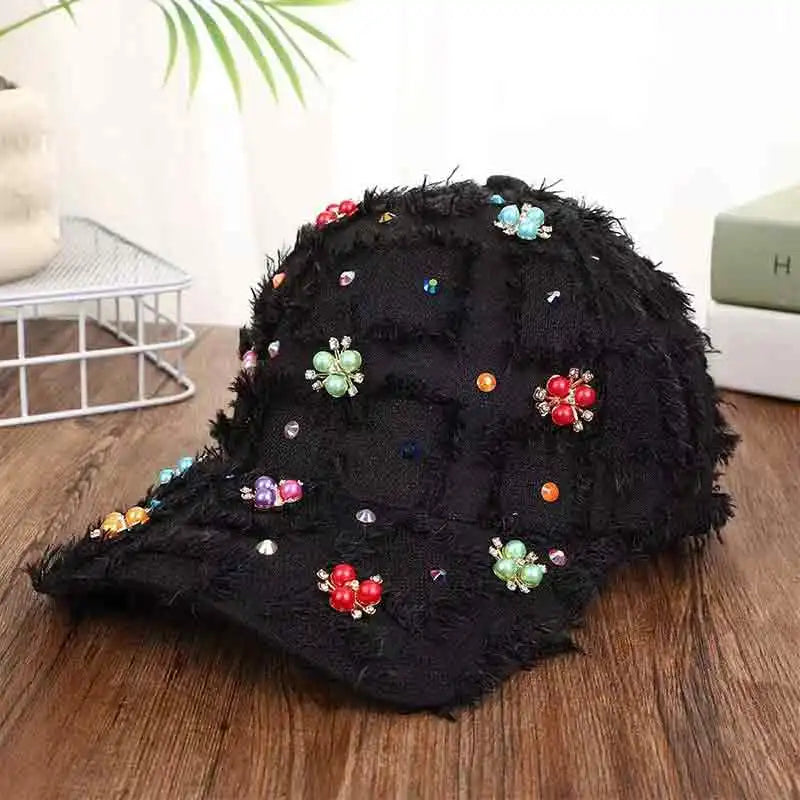 Rhinestone Ripped Plaid Baseball Cap Handmade Tassel Fashion Sun Hat