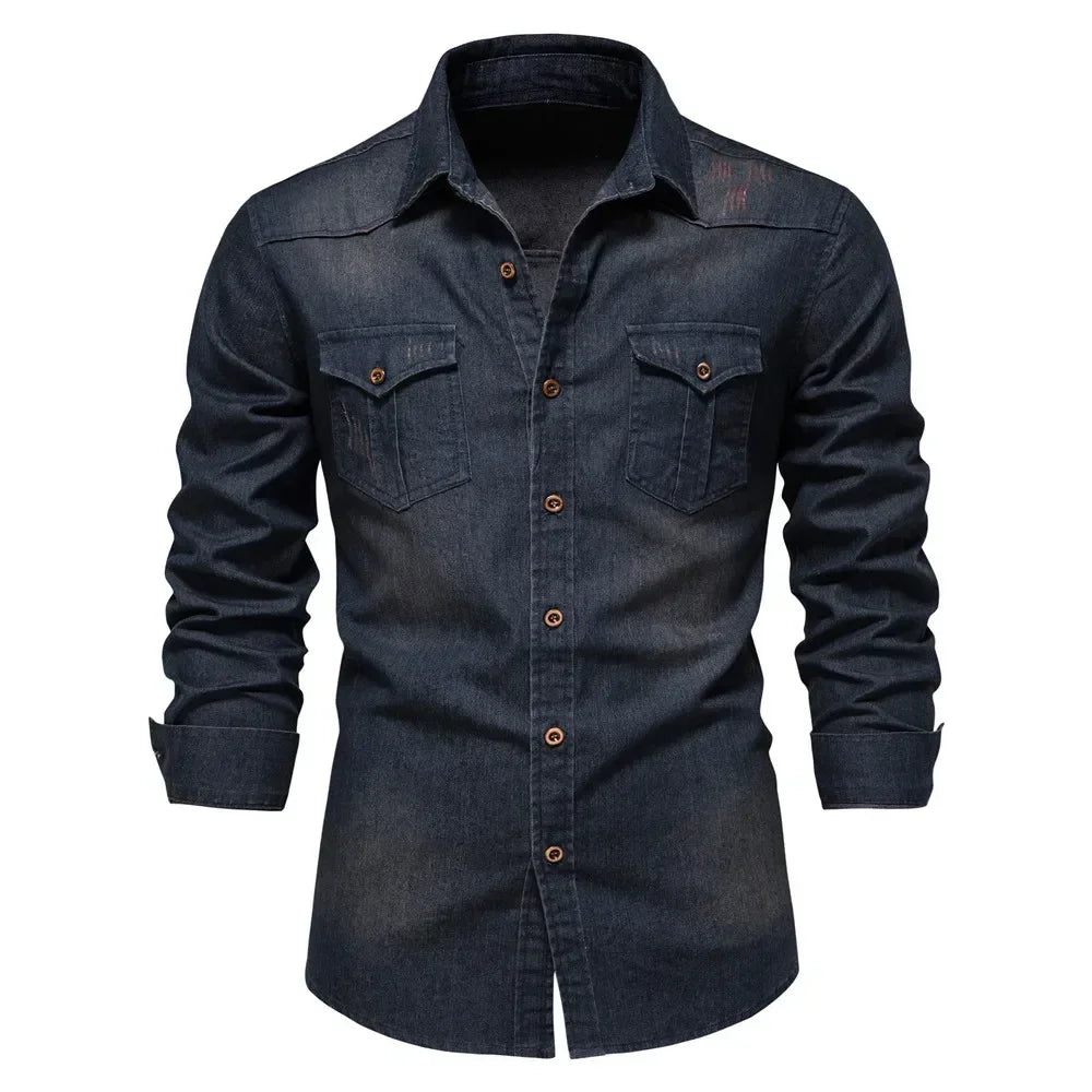 Elastic Cotton Denim Shirt Men Long Sleeve Quality Cowboy Shirts for Men