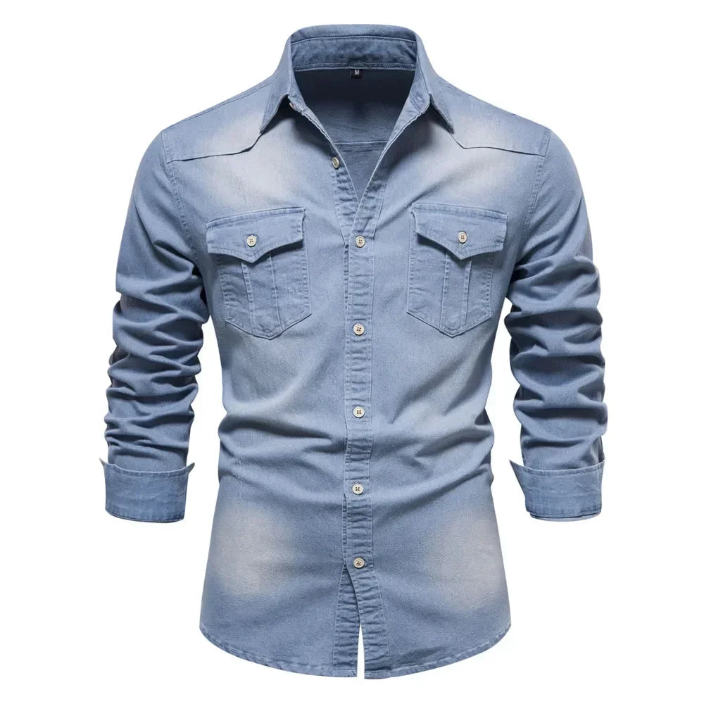 Elastic Cotton Denim Shirt Men Long Sleeve Quality Cowboy Shirts for Men