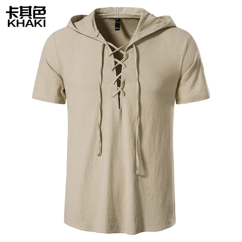 Summer New Men's Cotton Linen Hooded Short Sleeve Shirt Summer Casual