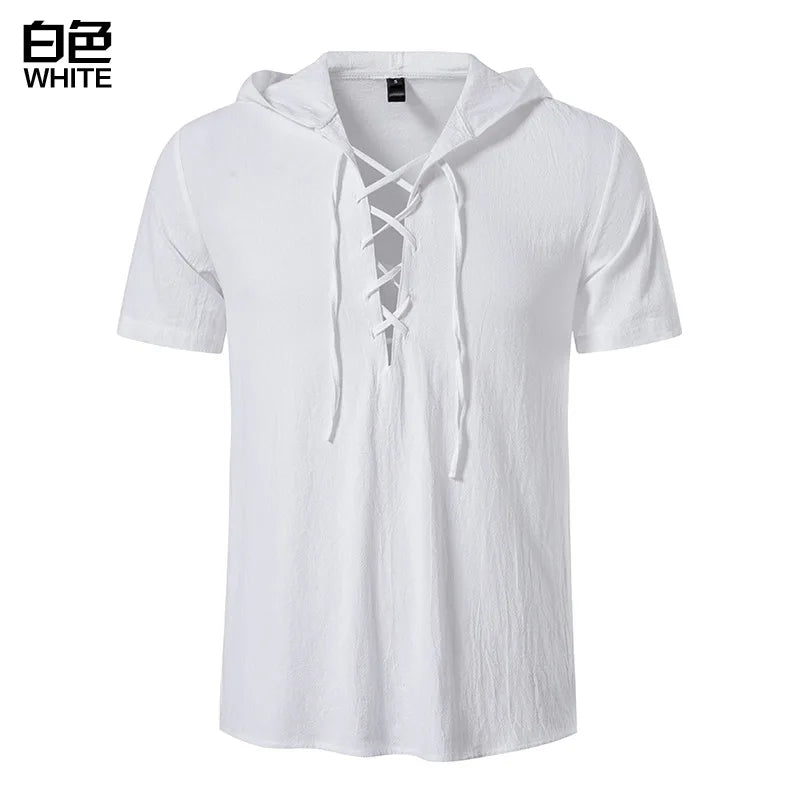 Summer New Men's Cotton Linen Hooded Short Sleeve Shirt Summer Casual