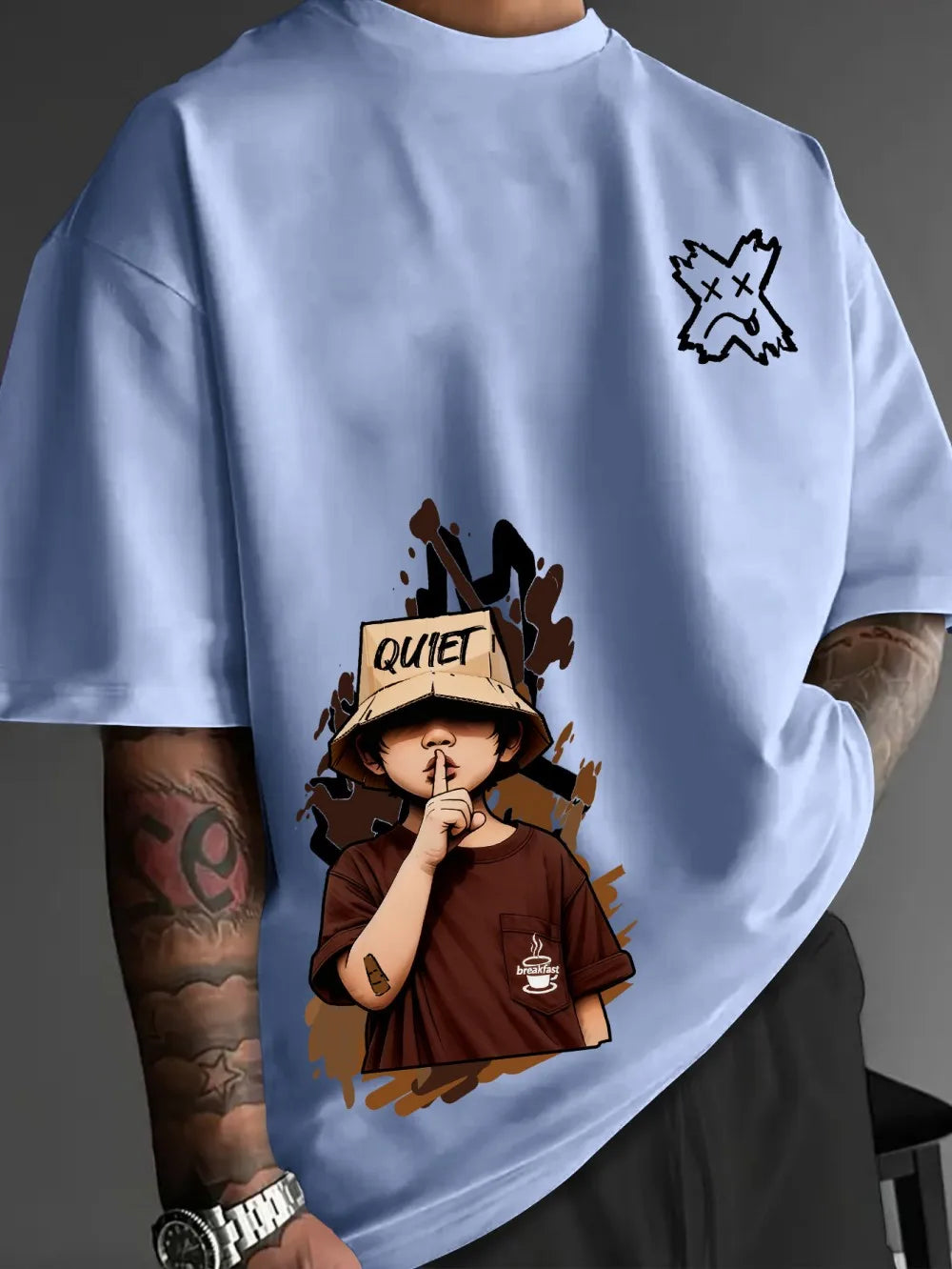 Men's summer cartoon character letter print soft and breathable round neck T-shirt
