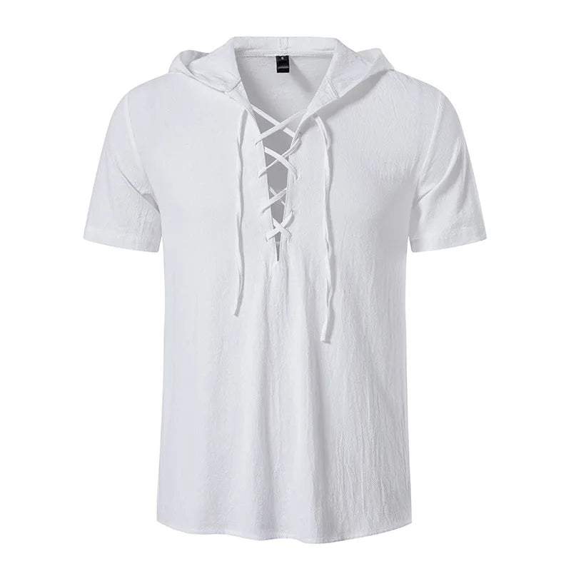 Summer New Men's Cotton Linen Hooded Short Sleeve Shirt Summer Casual
