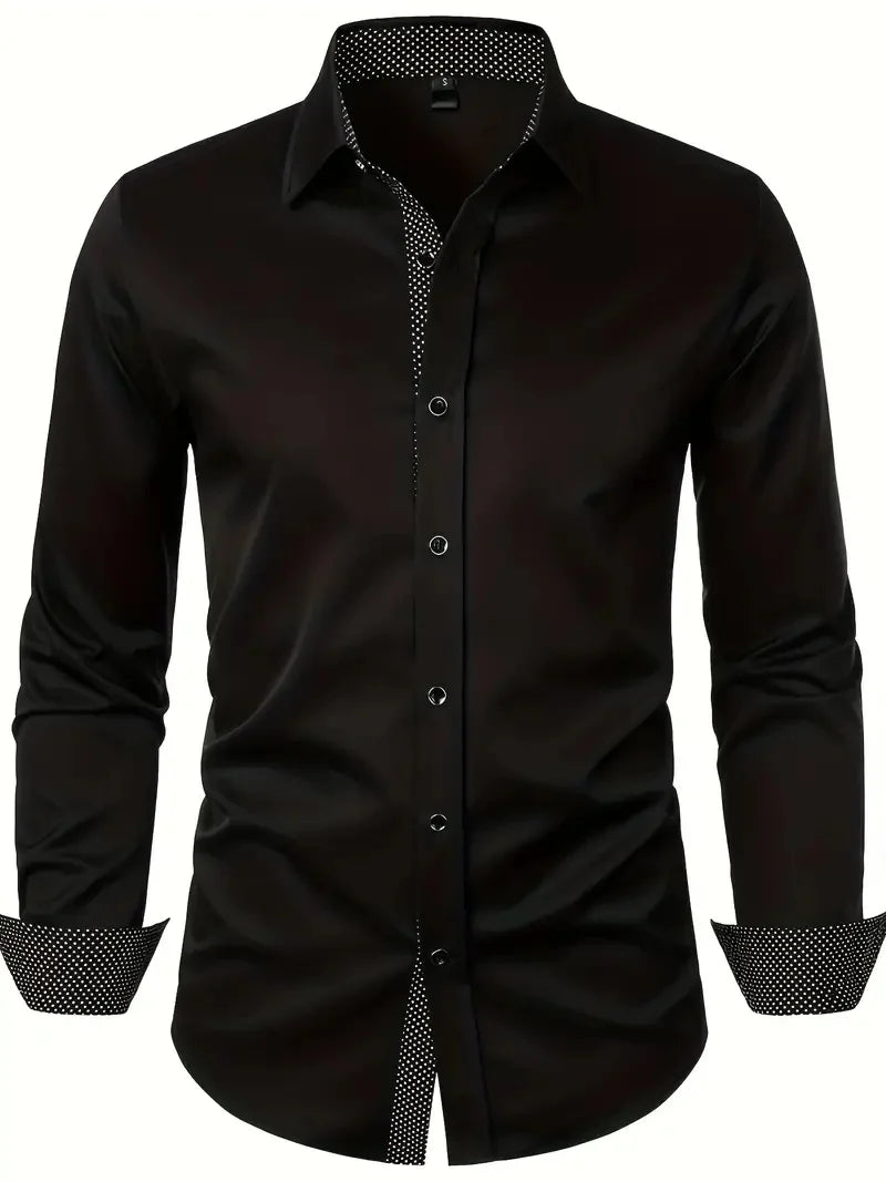 Men's New Polka Shirt, Men's Slim Fit Casual Long Sleeved Lapel Shirt