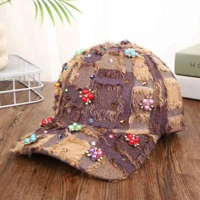 Rhinestone Ripped Plaid Baseball Cap Handmade Tassel Fashion Sun Hat