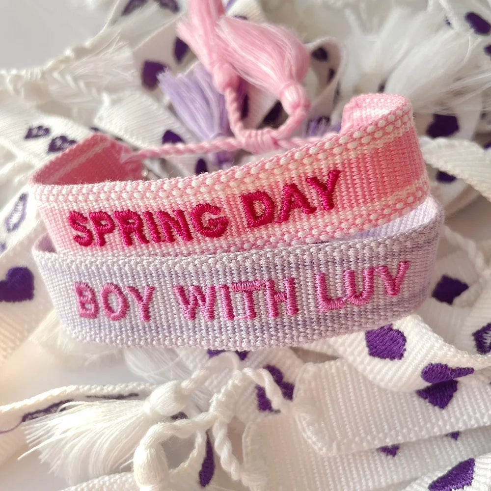 Adjustable Woven Bracelet with Hearts and Lettering
