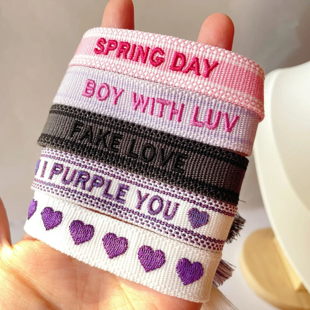 Adjustable Woven Bracelet with Hearts and Lettering