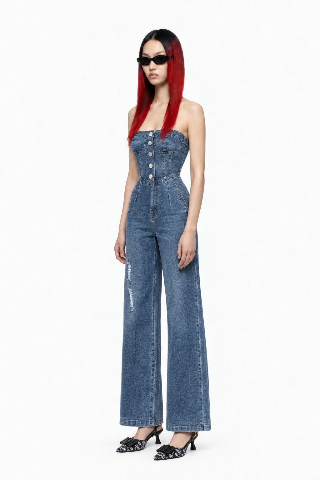 Women High Waist Denim Tube Top One Piece Wide Leg Pants