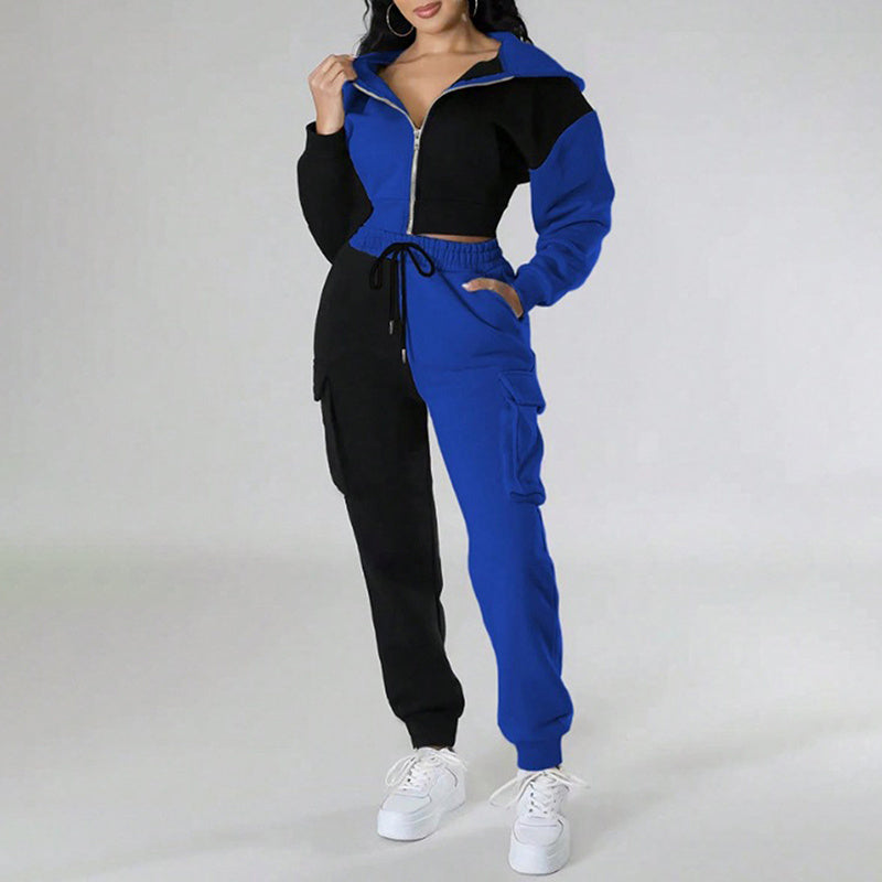 2 Piece Set, Full Zip Up Cropped Hoodie Jacket & Drawstring Cargo Pants, Casual Streetwear Outfit