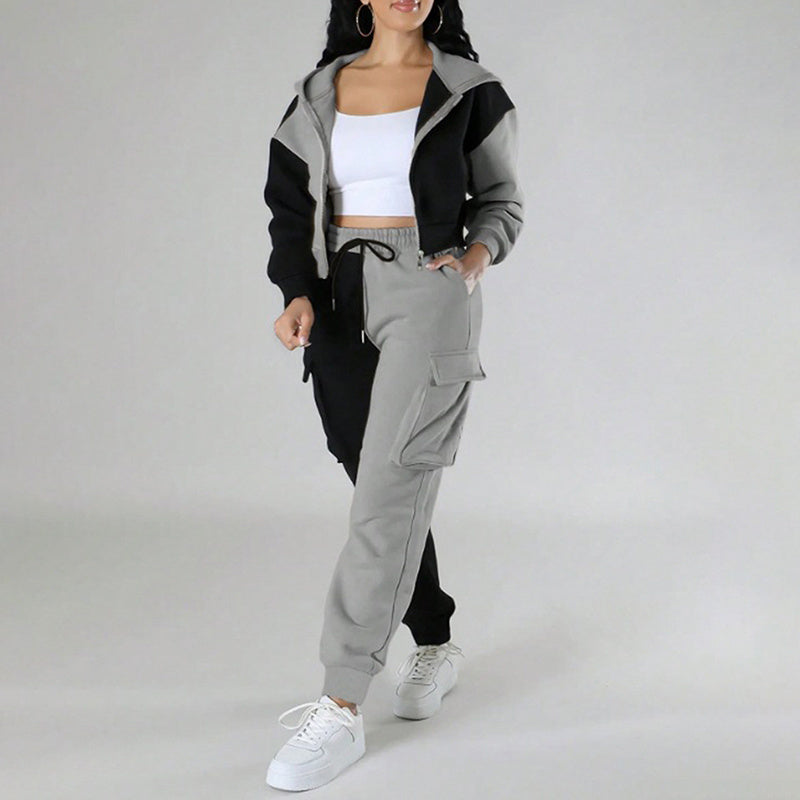 2 Piece Set, Full Zip Up Cropped Hoodie Jacket & Drawstring Cargo Pants, Casual Streetwear Outfit