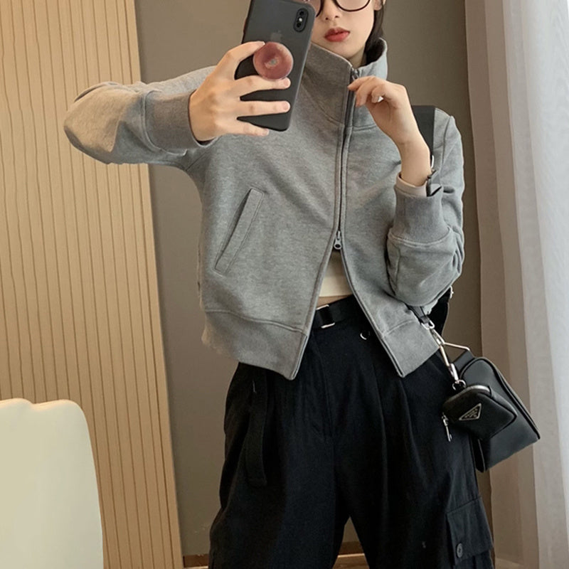 Women American Retro  Short Hoodie Stand Up Collar Jacket