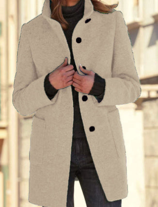 Fashion Stand Collar Woolen Coat With Pockets